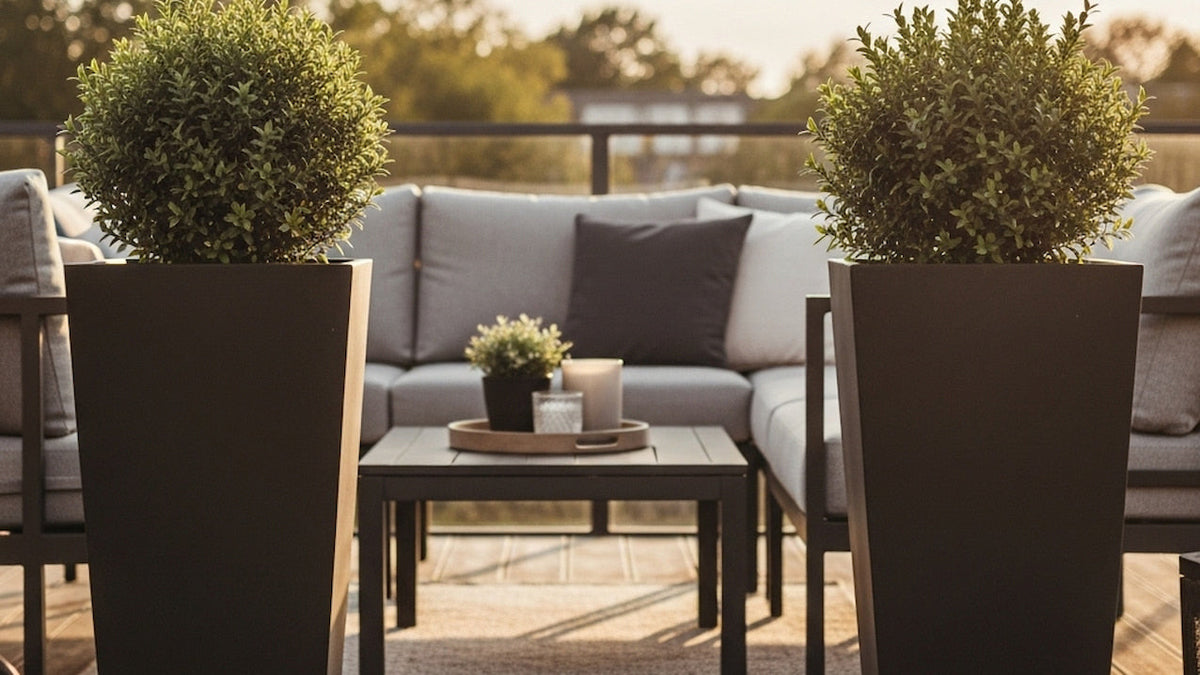 Moderne Terrassengestaltung mit zwei anthrazitfarbenen Pflanzkübeln und Buchskugeln vor grauer Lounge im Abendlicht