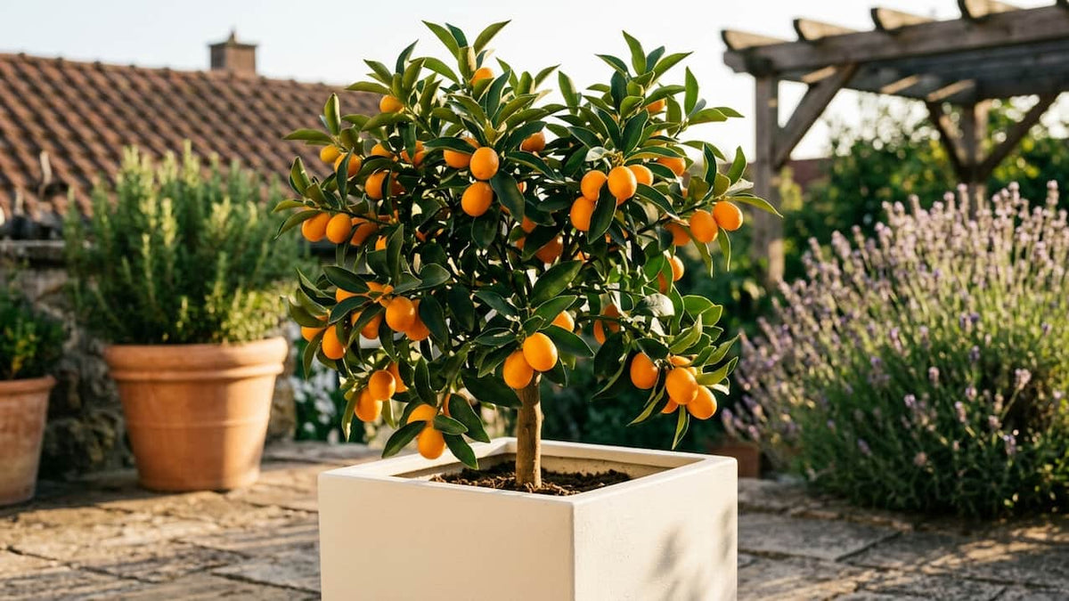 Kumquat-Bäumchen mit orangefarbenen Früchten im perlmuttweißen Pflanzkübel auf mediterraner Terrasse
