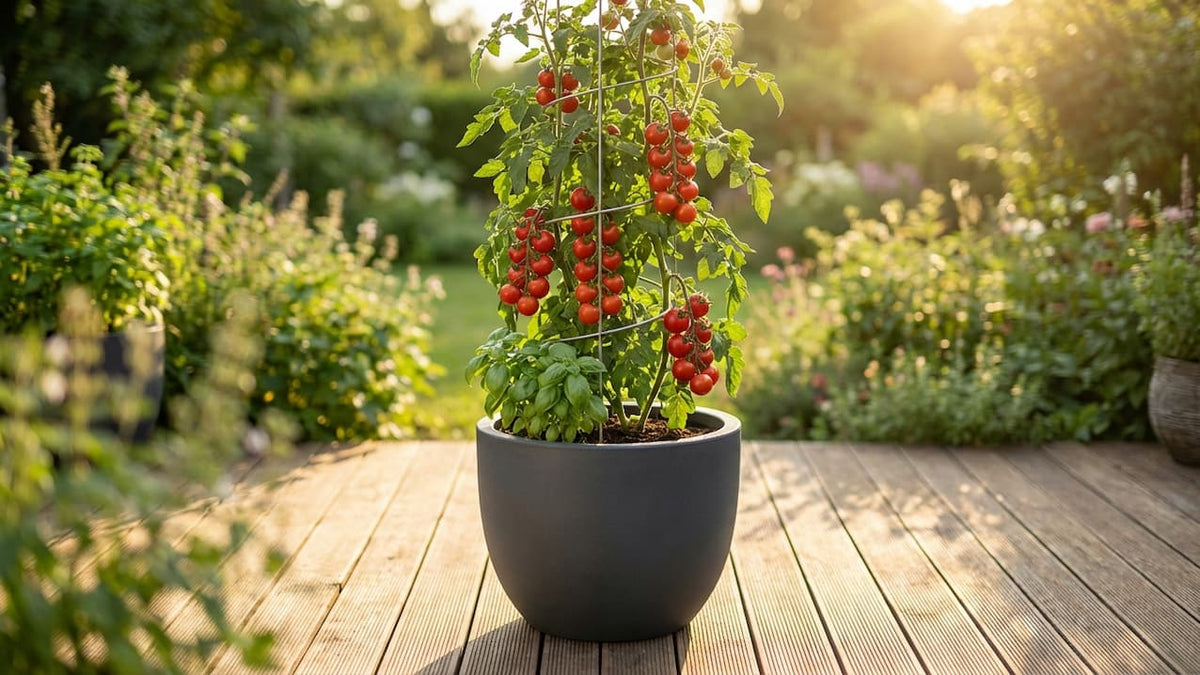 Tomatenpflanze mit reifen Cherrytomaten im anthrazitfarbenen Rundkübel auf einer Holzterrasse