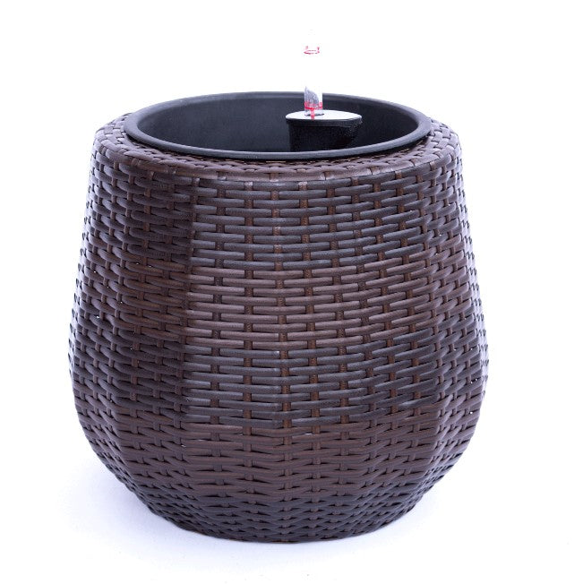 Pflanzkübel aus Polyrattan in Coffee Braun, bauchig rund, mit schwarzem Kunststoffeinsatz und Wasserstandsanzeiger