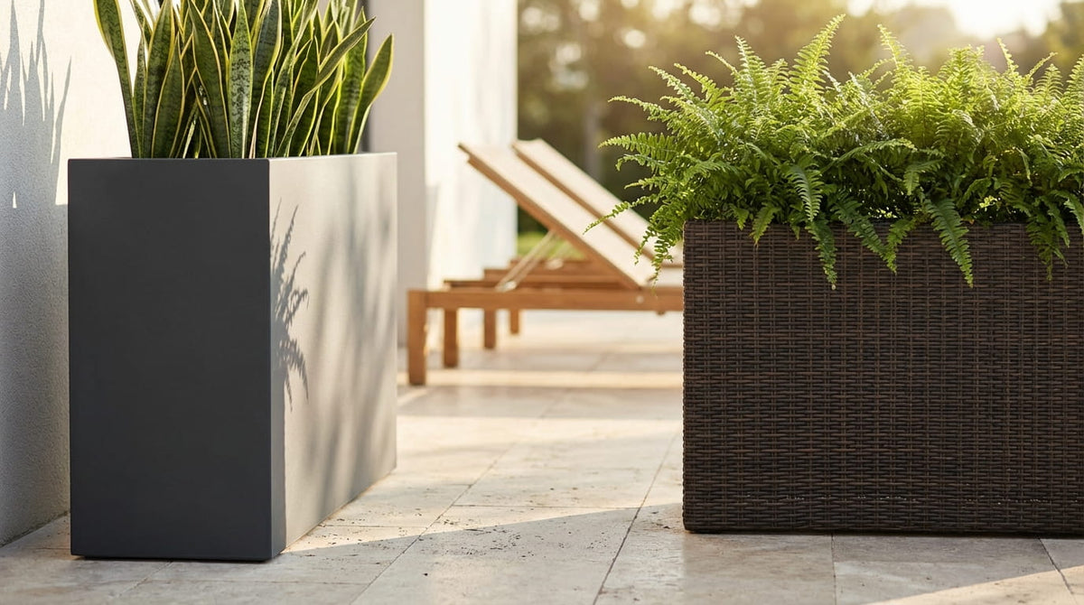 Elegante Pflanzgefäße auf Terrasse – anthrazitfarbener Fiberglas-Pflanzkübel mit Bogenhanf und dunkelbrauner Rattan-Pflanzkübel mit Farn