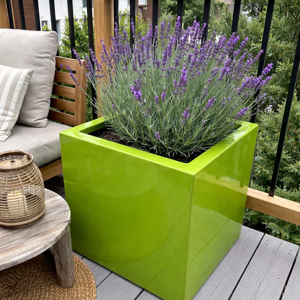 Quadratischer Pflanzkübel aus Fiberglas in Hochglanz Avocadogrün mit Lavendel auf einem Holzbalkon neben einer Sitzbank