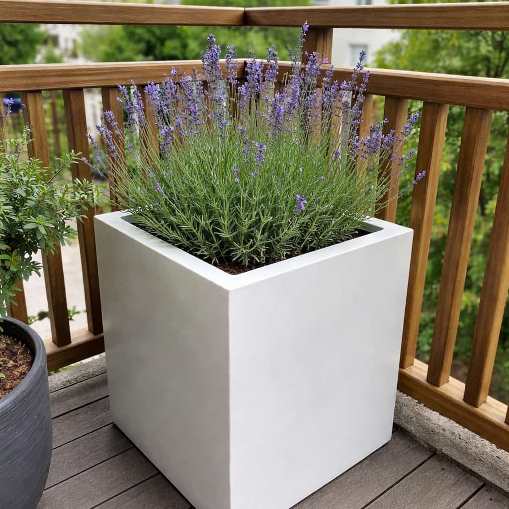 Pflanzkübel Fiberglas quadratisch hochglanz weiß mit Lavendel auf Holzbalkon