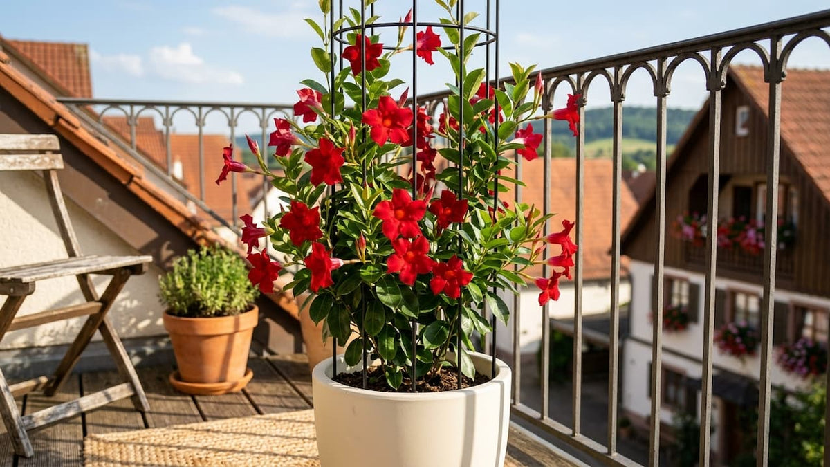 Rote Dipladenia (Mandevilla) an einem Rankgitter in perlmuttweißem Fiberglas-Pflanzkübel auf einem sonnigen Balkon