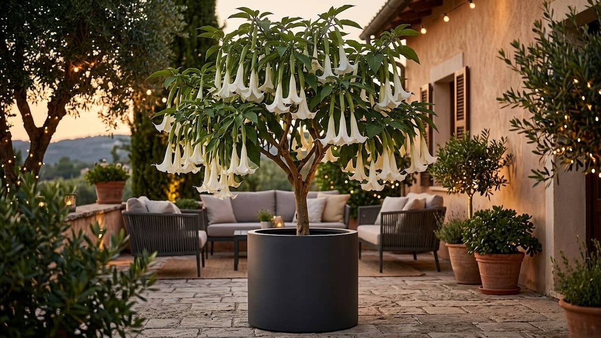 Weiß blühende Engelstrompete (Brugmansia) als Hochstämmchen in anthrazitfarbenem Fiberglas-Zylinderkübel auf einer mediterranen Terrasse in der Abenddämmerung