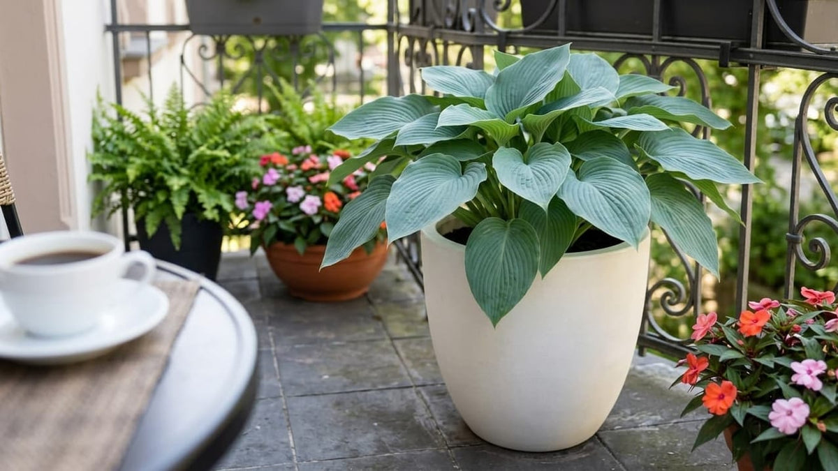 Funkie (Hosta) mit blaugrünen Blättern in perlmuttweißem Fiberglas-Pflanzkübel auf einem schattigen Balkon mit Kaffeetasse