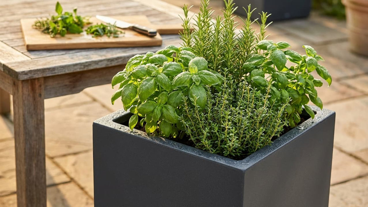 Anthrazitfarbener Pflanzkübel mit Basilikum, Rosmarin und Thymian auf sonniger Terrasse