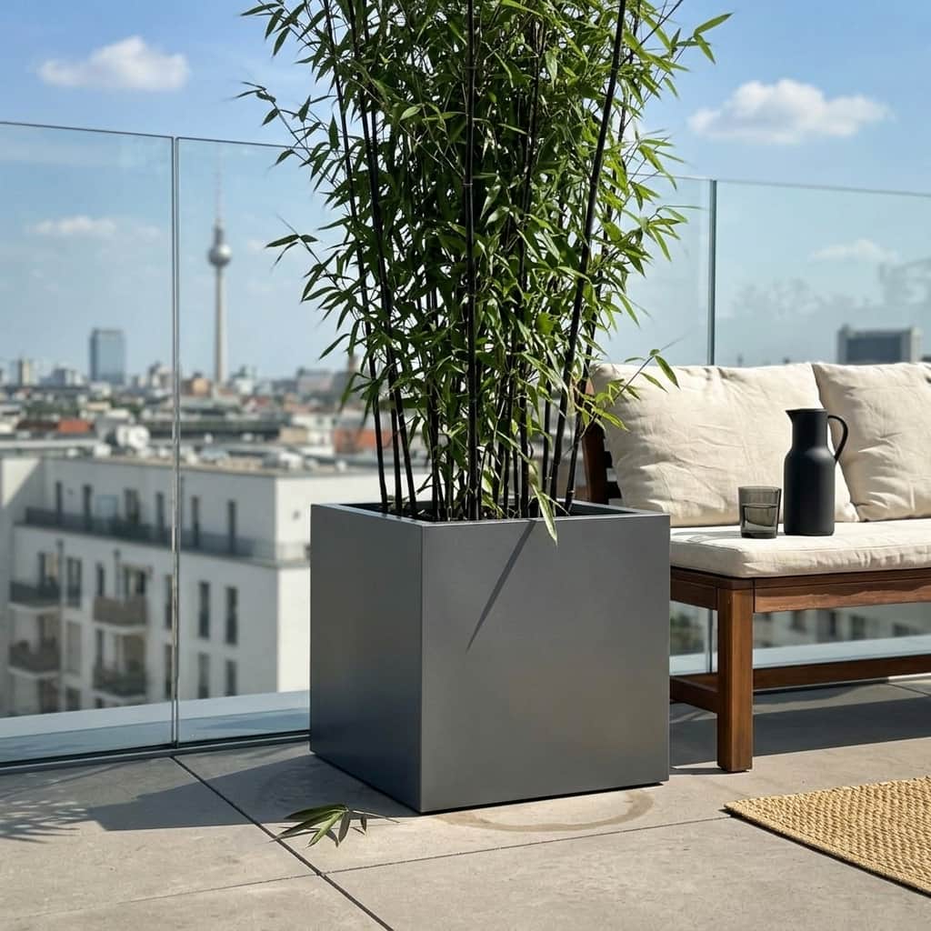 KI-erstellte Abbildung: Quadratischer Pflanzkübel in Anthrazit-Metallic mit schwarzem Bambus auf Dachterrasse mit Blick auf den Berliner Fernsehturm