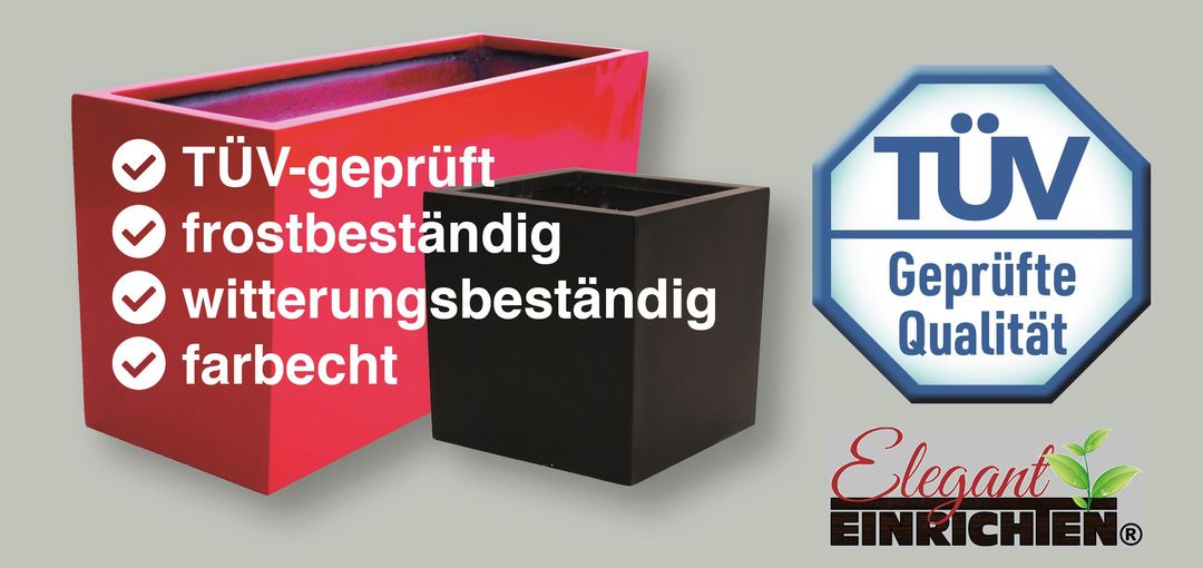 Infografik mit Prüfzeichen und Eigenschaften, daneben ein roter rechteckiger und ein schwarzer quadratischer Pflanzkübel