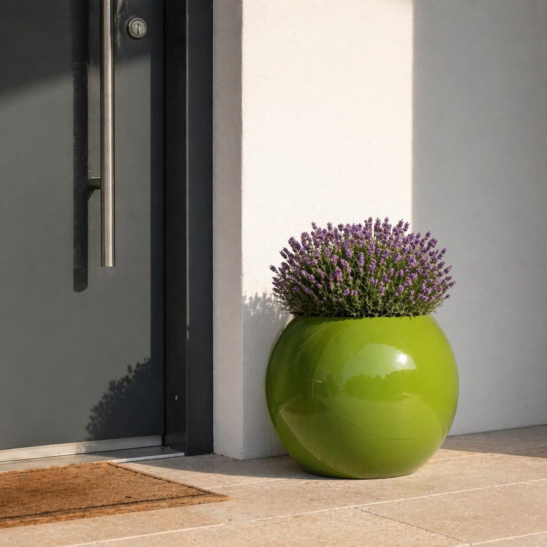Pflanzkübel Ball in Hochglanz Avocadogrün mit blühendem Lavendel neben einer grauen Haustür auf Steinplatten