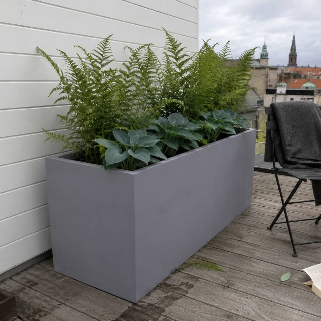 Grauer rechteckiger Pflanzkübel aus Fiberglas mit Farnen und Funkien auf einer Dachterrasse mit Holzboden vor Stadtkulisse