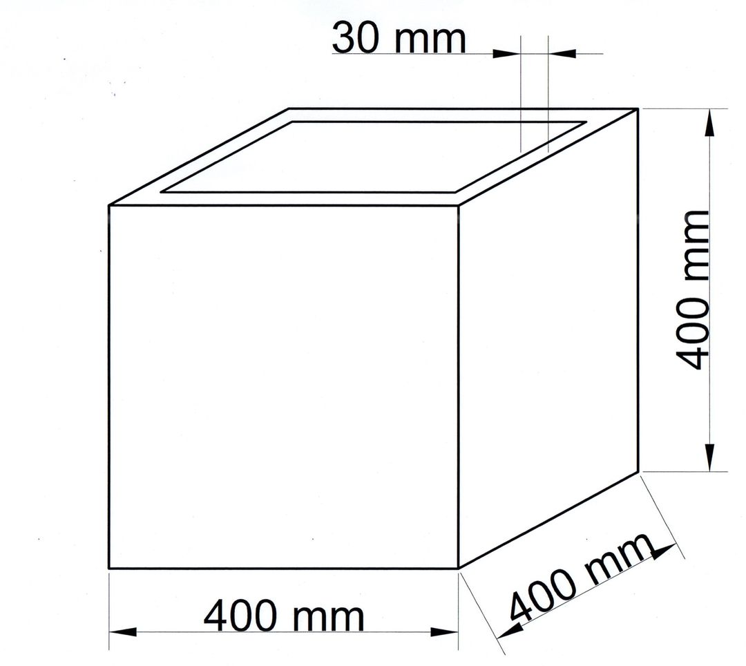Maßzeichnung des quadratischen Pflanzkübels mit 400 mm Breite, 400 mm Tiefe und 400 mm Höhe