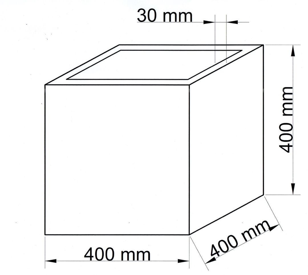 Maßzeichnung des quadratischen Pflanzkübels mit 400 mm Breite, 400 mm Tiefe und 400 mm Höhe