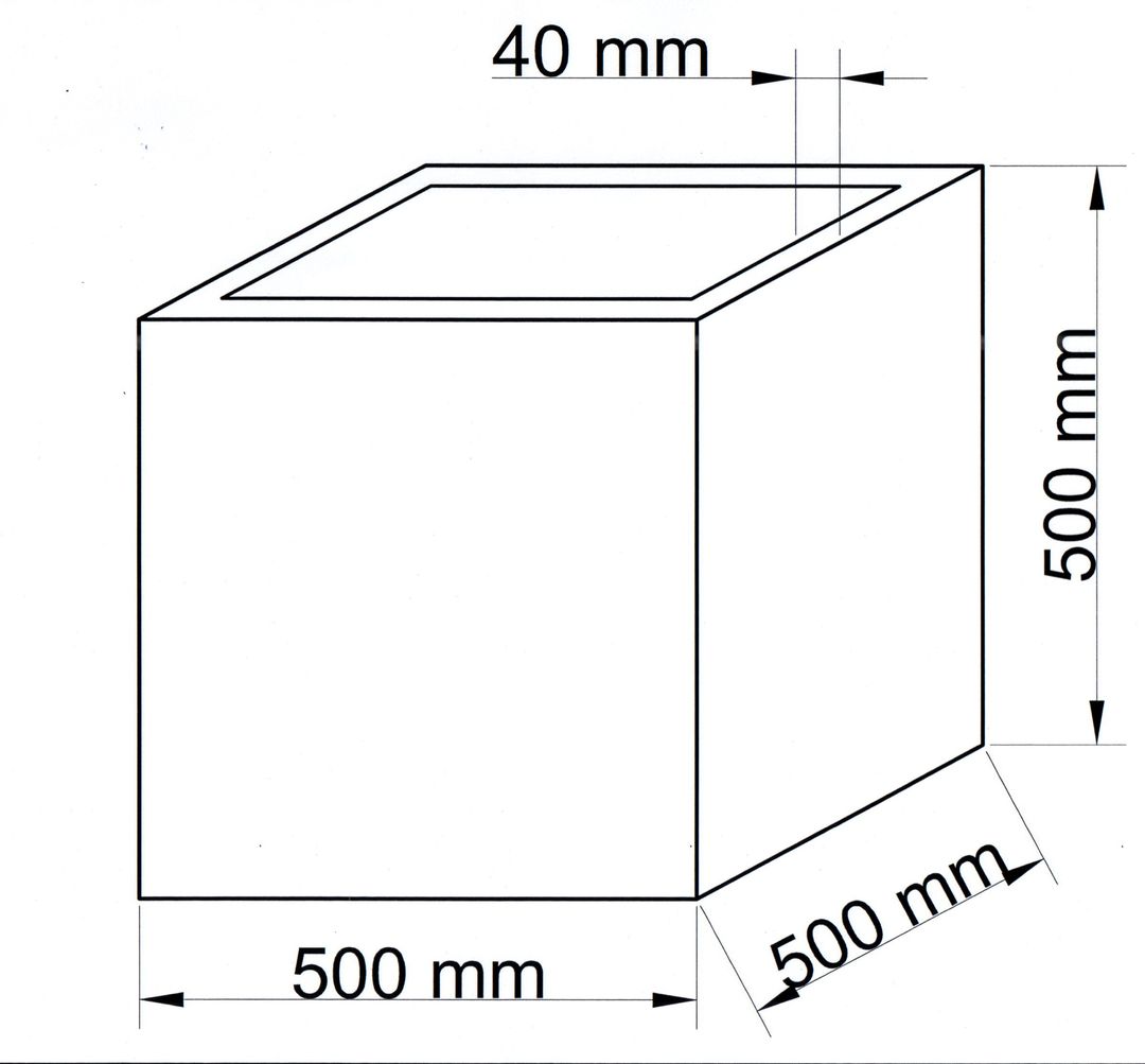 Maßzeichnung eines quadratischen Pflanzkübels aus Fiberglas mit 500 mm Breite, Tiefe und Höhe