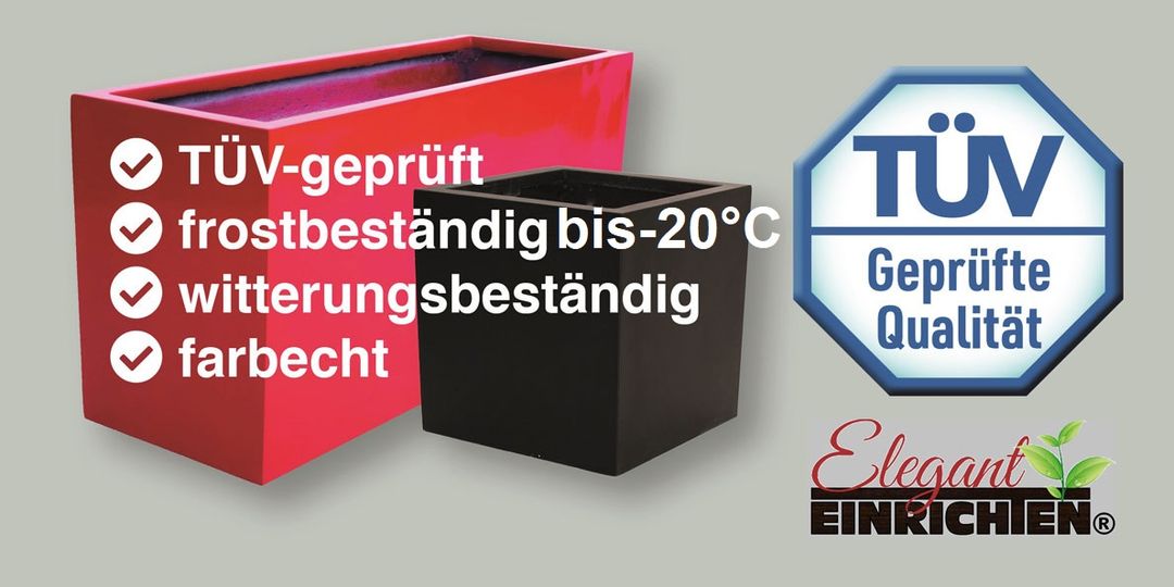 Infografik mit Prüfzeichen und Eigenschaften, dazu ein roter rechteckiger und ein schwarzer quadratischer Pflanzkübel