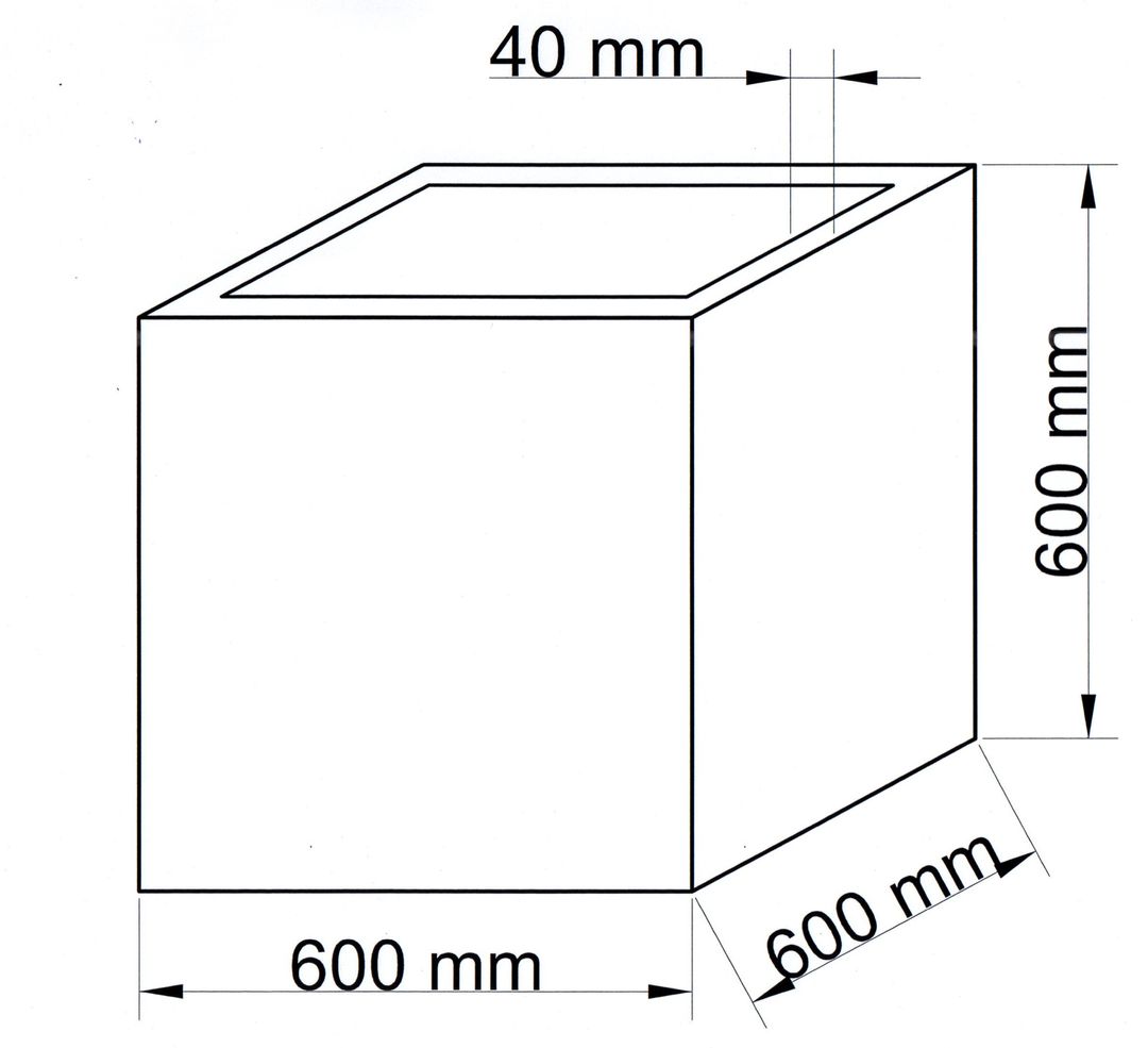 Maßzeichnung des quadratischen Pflanzkübels mit 600 mm Breite, 600 mm Tiefe und 600 mm Höhe