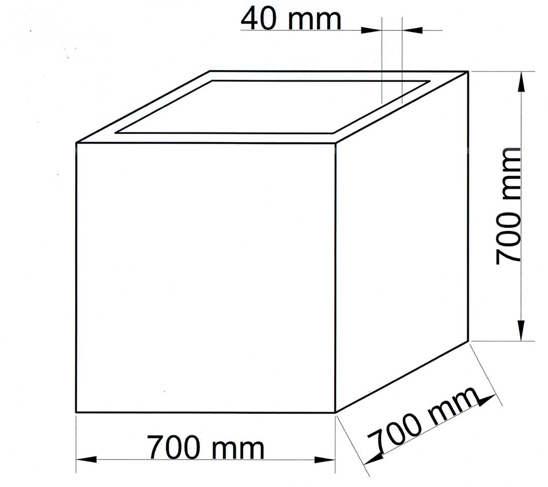Maßzeichnung des quadratischen Pflanzkübels mit 700 mm Höhe, Breite und Tiefe sowie 40 mm Randbreite