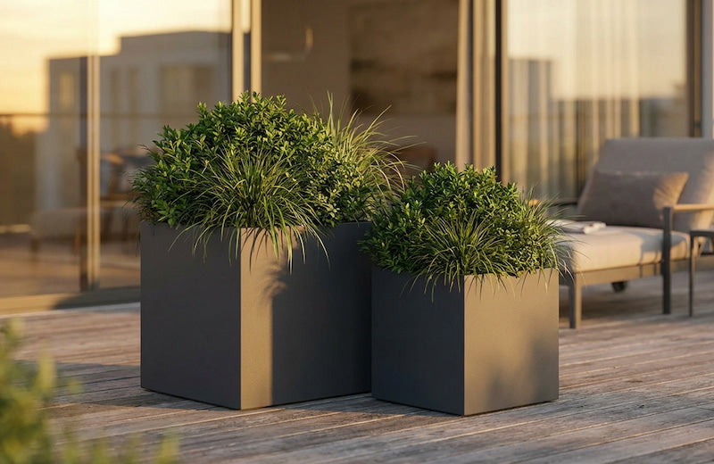 Quadratische Fiberglas Pflanzkübel in Anthrazit mit Ziergräsern auf Terrasse vor Lounge-Möbeln – moderne Pflanzgefäße in zwei Größen für draußen.