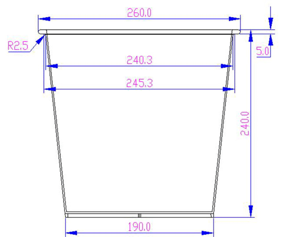 Maßzeichnung eines konischen Pflanzeinsatzes mit 260 mm Breite oben, 190 mm unten und 240 mm Höhe