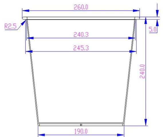 Maßzeichnung des konischen Pflanzeinsatzes mit 26 cm oberer Breite, 19 cm Bodenbreite und 24 cm Höhe