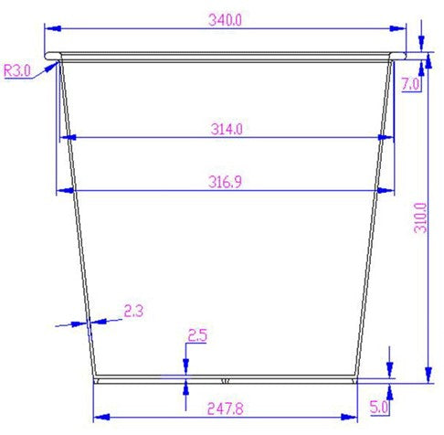 Maßzeichnung eines konischen Einsatzes mit 340 mm oberer Breite, 310 mm Höhe und 247,8 mm Bodenbreite