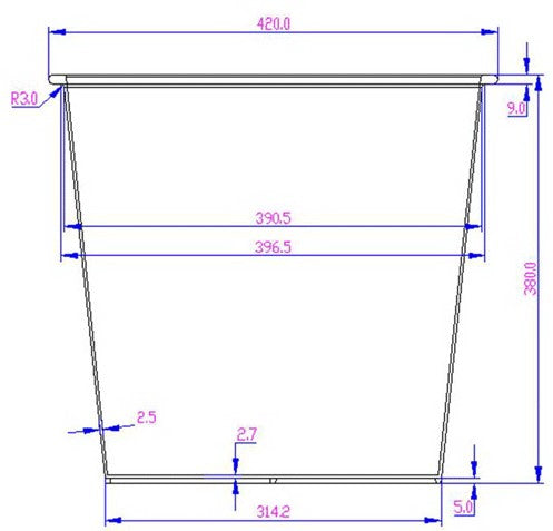 Maßzeichnung des konischen Kunststoffeinsatzes mit 42 cm oberer Breite, 31,4 cm Bodenbreite und 38 cm Höhe