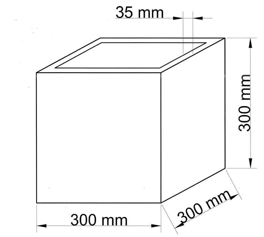 Maßzeichnung des quadratischen Pflanzkübels mit 300 mm Breite, Tiefe und Höhe sowie 35 mm Randbreite