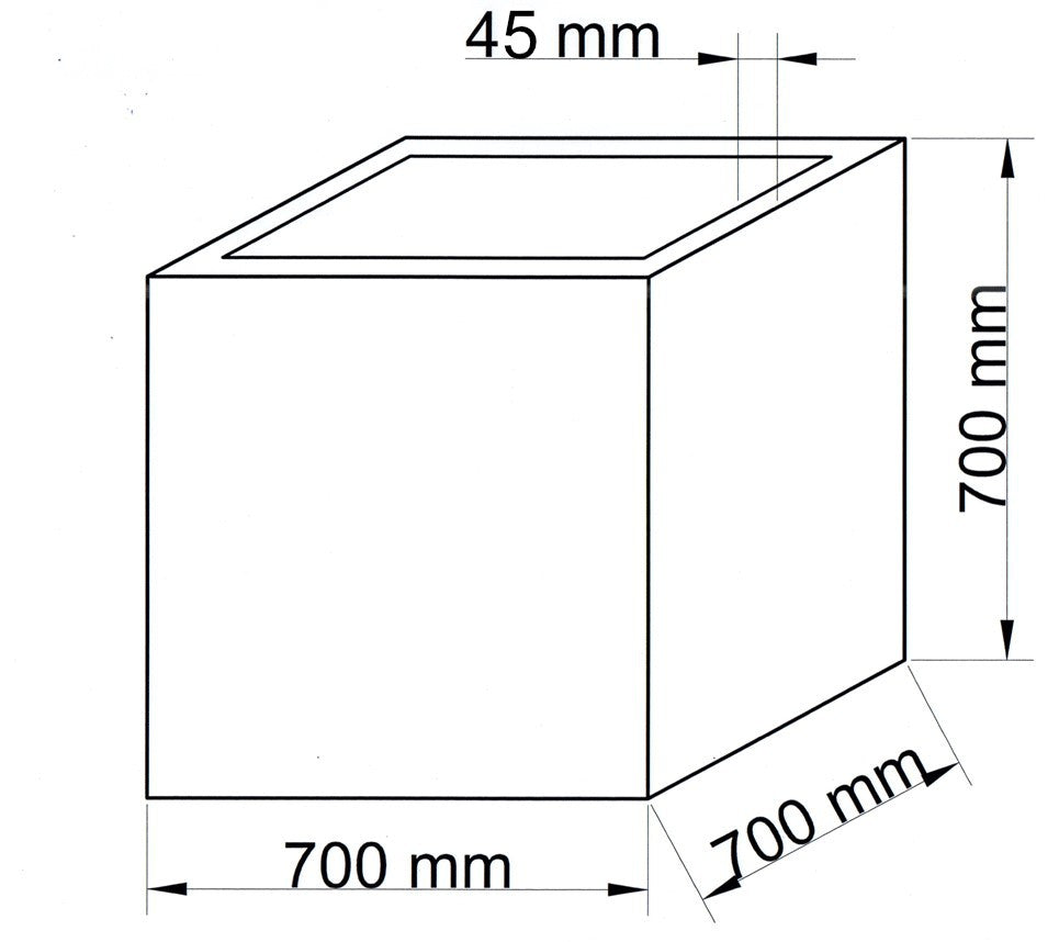 Maßzeichnung des quadratischen Pflanzkübels mit jeweils 700 mm Breite, Tiefe und Höhe