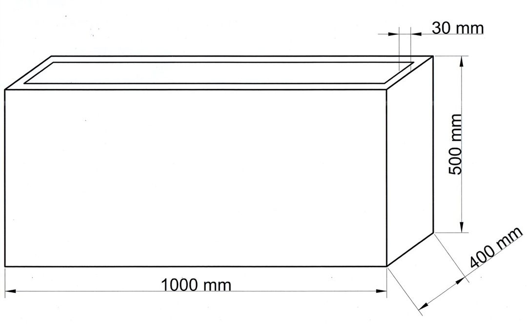 Maßzeichnung eines rechteckigen Pflanzkübels mit 1000 mm Länge, 400 mm Tiefe und 500 mm Höhe