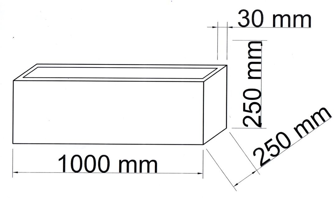 Maßzeichnung eines rechteckigen Pflanzkübels mit 1000 mm Länge, 250 mm Höhe und 250 mm Tiefe