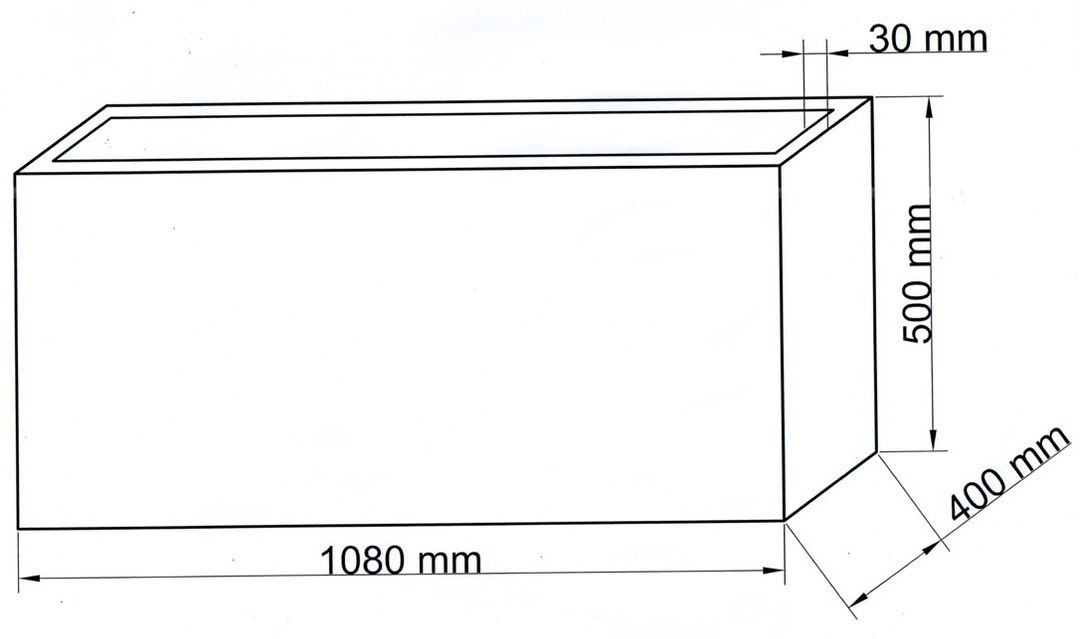 Maßzeichnung des rechteckigen Pflanzkübels mit Länge 1080 mm, Tiefe 400 mm und Höhe 500 mm