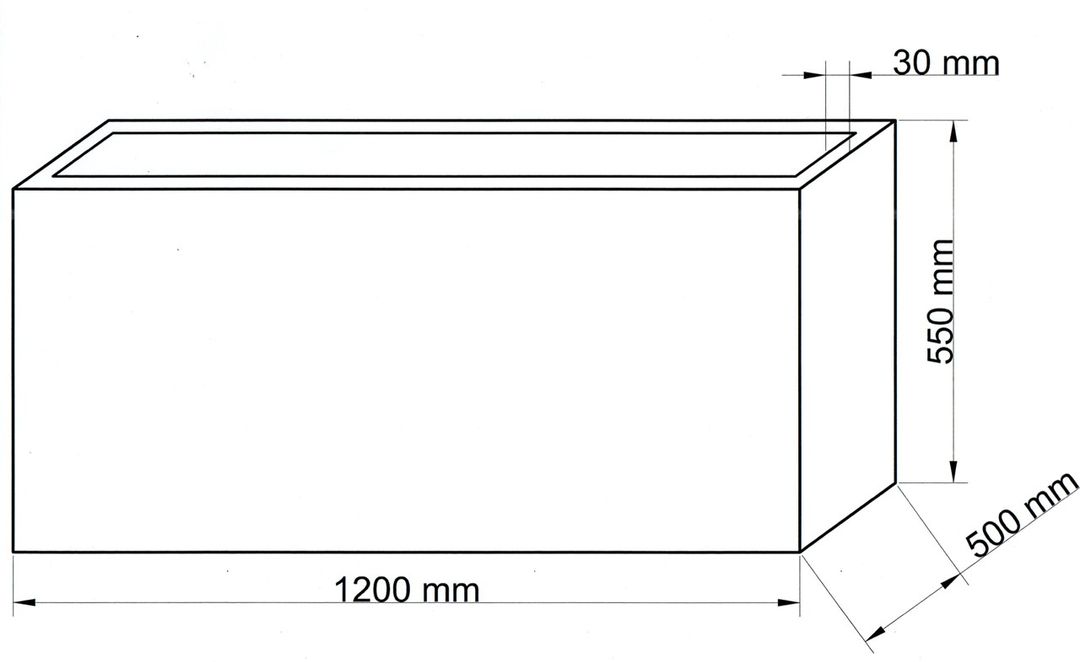 Maßzeichnung eines rechteckigen Pflanzkübels aus Fiberglas mit 1200 mm Länge, 500 mm Tiefe und 550 mm Höhe