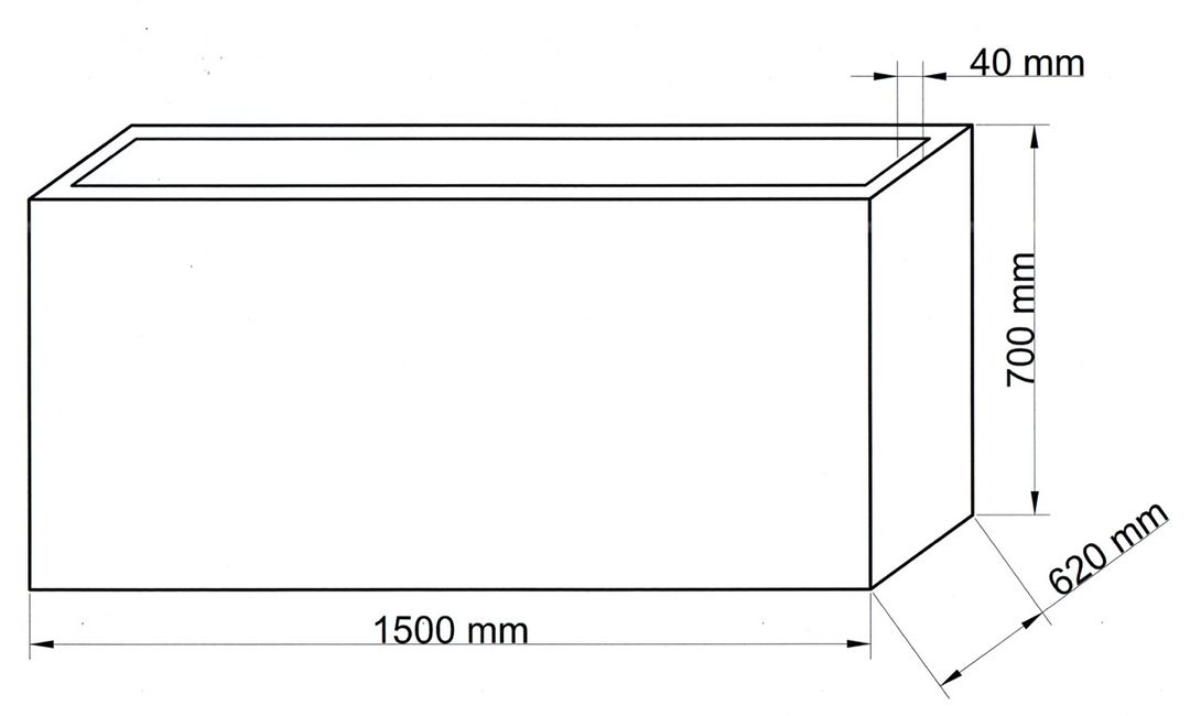 Maßzeichnung eines rechteckigen Pflanzkübels mit 1500 mm Länge, 620 mm Tiefe, 700 mm Höhe und 40 mm Randbreite