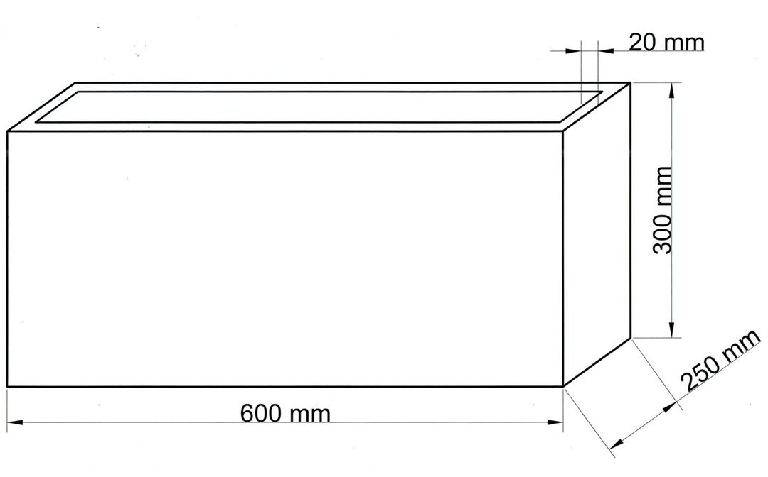 Maßzeichnung eines rechteckigen Pflanzkübels mit 600 mm Länge, 250 mm Tiefe und 300 mm Höhe