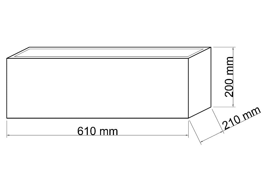 Maßzeichnung eines rechteckigen Pflanzkübels mit 610 mm Länge, 210 mm Tiefe und 200 mm Höhe