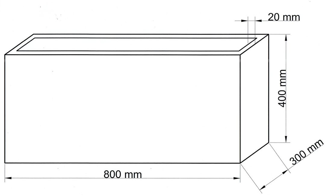 Maßzeichnung eines rechteckigen Pflanzkübels mit Angaben zu Länge 800 mm, Tiefe 300 mm und Höhe 400 mm
