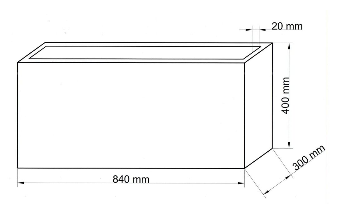 Maßzeichnung eines rechteckigen Pflanzkübels mit Länge 840 mm, Tiefe 300 mm und Höhe 400 mm