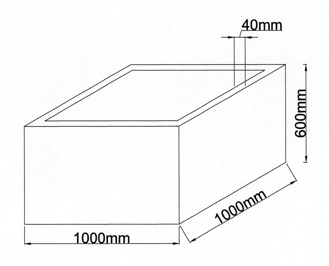 Maßzeichnung eines niedrigen quadratischen Pflanzkübels mit 1000 mm Breite, 1000 mm Tiefe und 600 mm Höhe