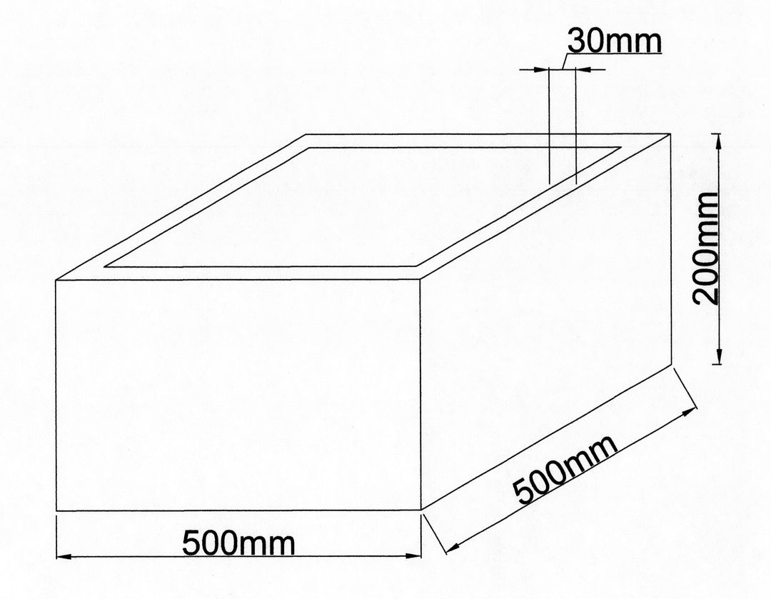 Maßzeichnung eines niedrigen quadratischen Pflanzkübels mit 500 x 500 mm Grundfläche und 200 mm Höhe