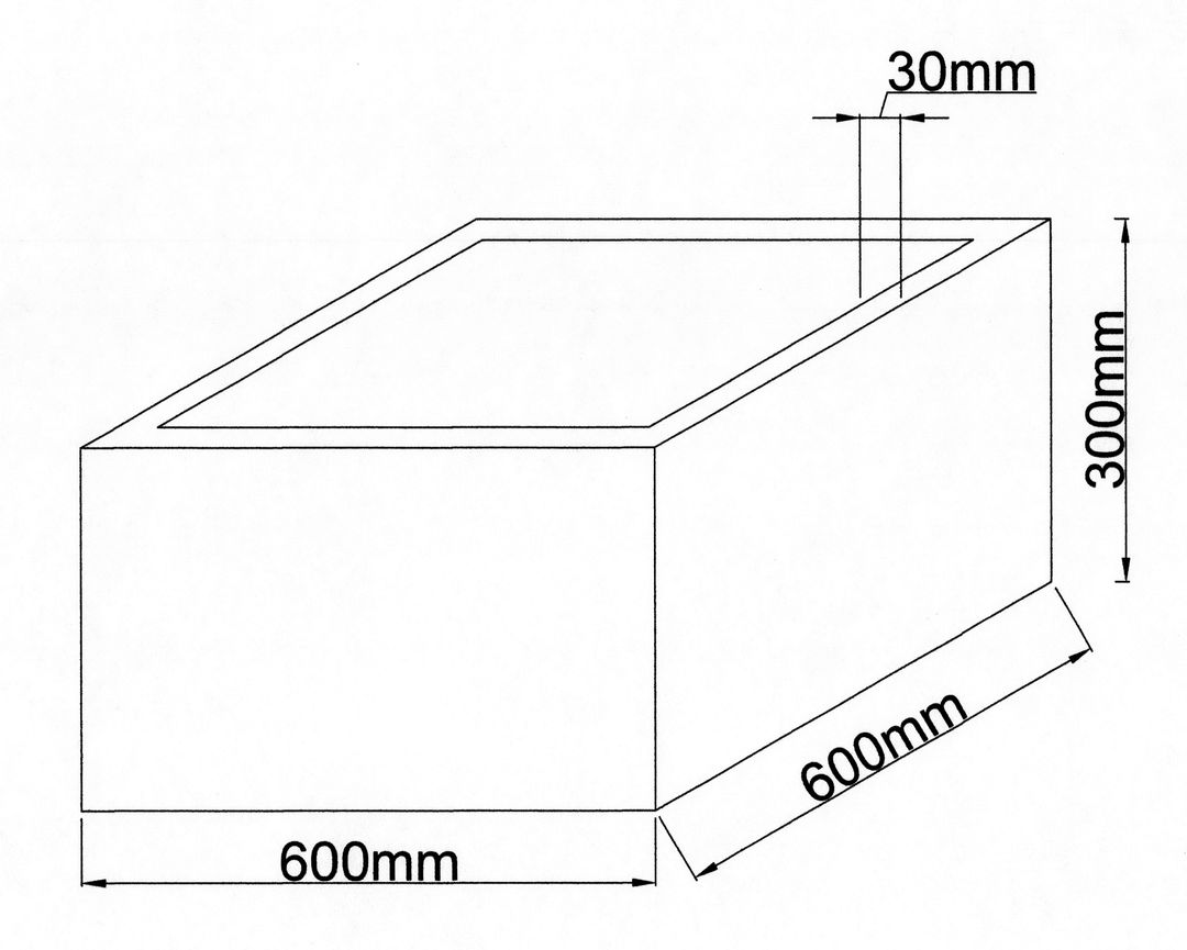 Maßzeichnung des niedrigen quadratischen Pflanzkübels mit 600 mm Breite, 600 mm Tiefe und 300 mm Höhe