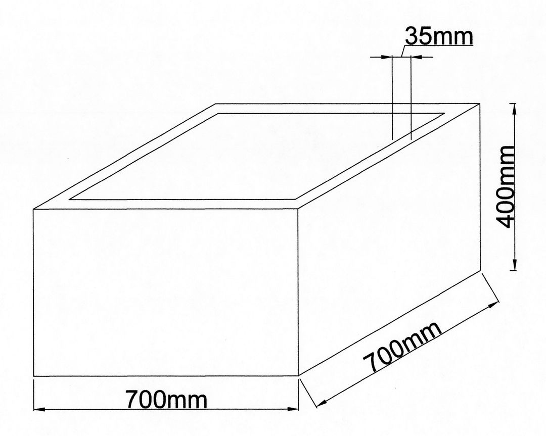 Maßzeichnung des niedrigen quadratischen Pflanzkübels mit 700 mm Breite, 700 mm Tiefe und 400 mm Höhe