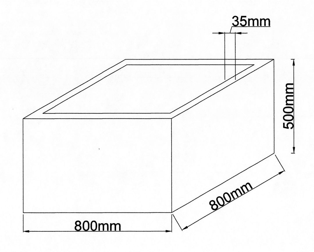 Maßzeichnung eines niedrigen quadratischen Pflanzkübels mit 800 mm Breite, 800 mm Tiefe und 500 mm Höhe