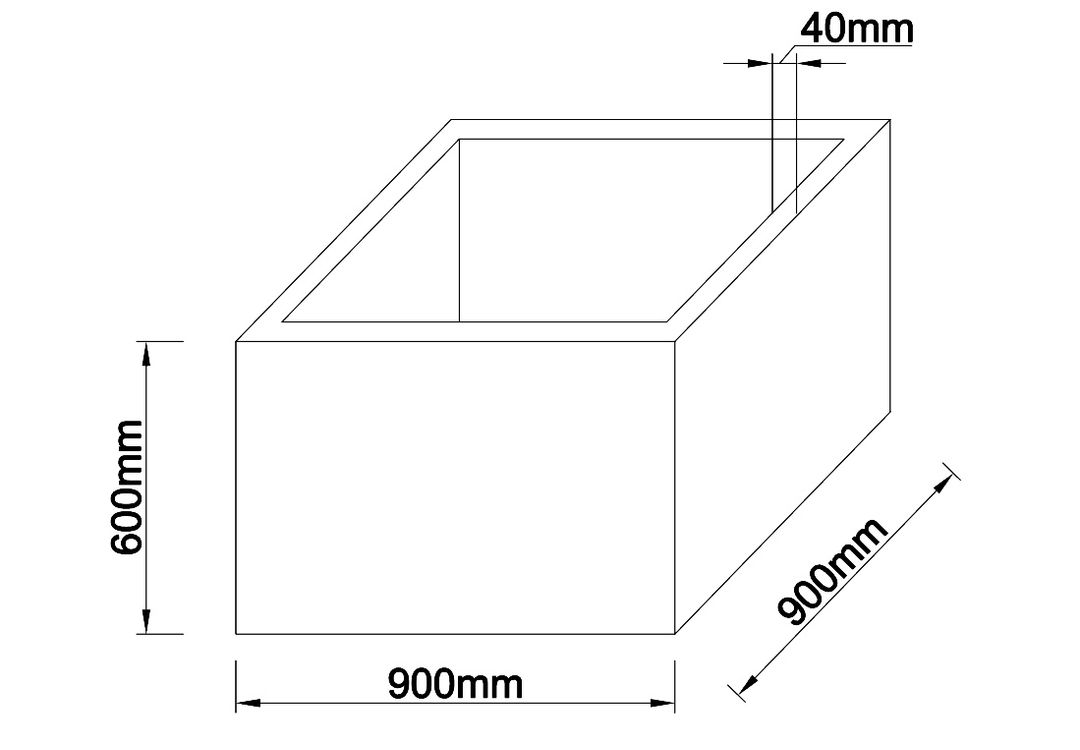 Maßzeichnung eines niedrigen quadratischen Pflanzkübels mit 900 mm Breite, 900 mm Tiefe und 600 mm Höhe