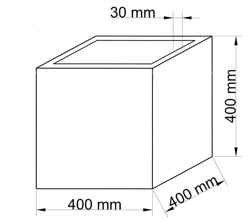 Maßzeichnung des quadratischen Pflanzkübels aus Fiberglas mit je 400 mm Breite, Tiefe und Höhe