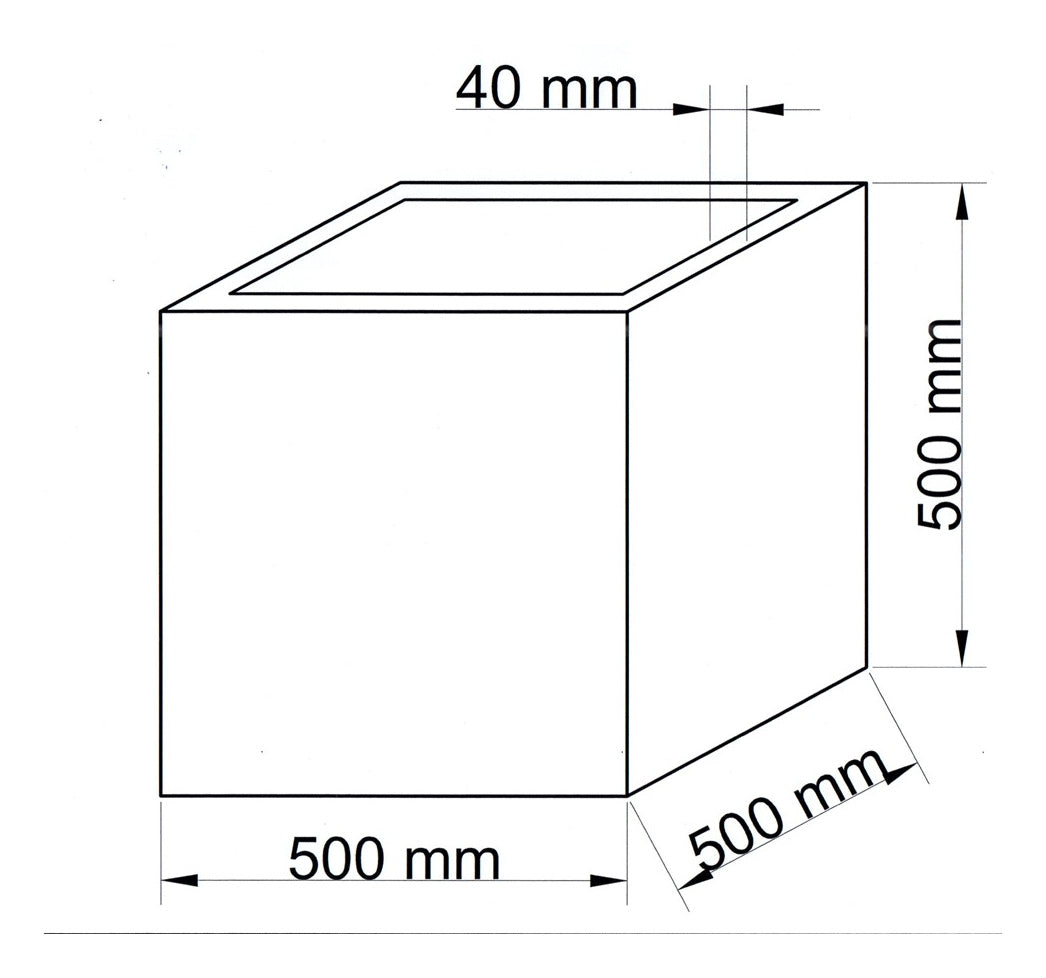 Maßzeichnung des quadratischen Pflanzkübels mit je 500 mm Breite, Tiefe und Höhe als Linienzeichnung