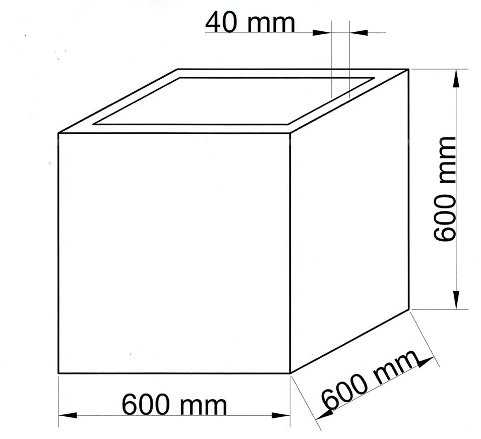 Maßzeichnung des quadratischen Pflanzkübels mit je 600 mm Breite, Tiefe und Höhe sowie 40 mm Randbreite
