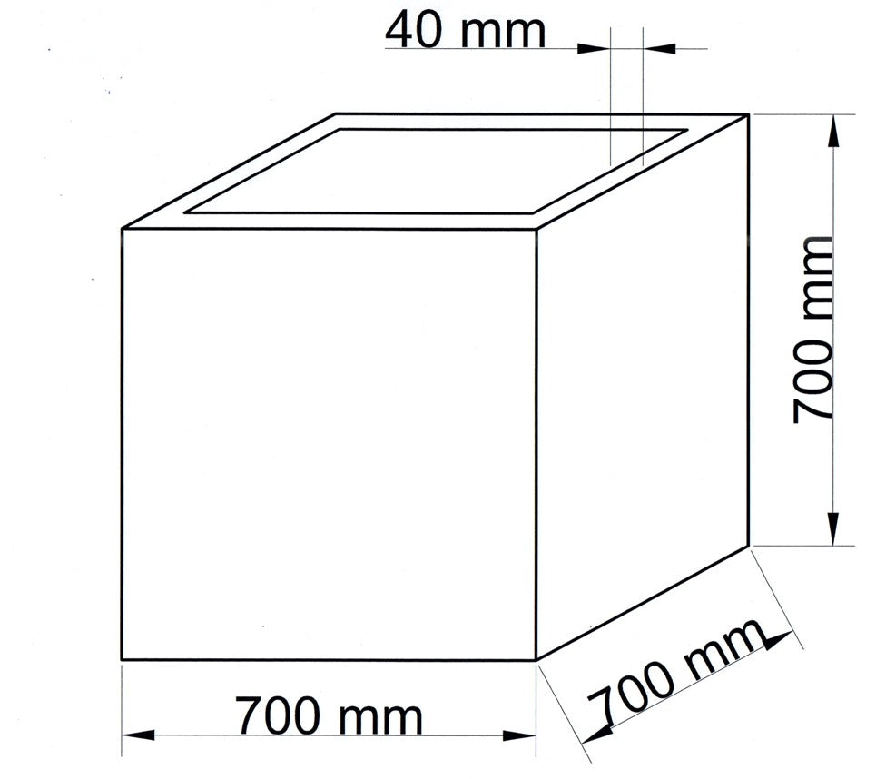 Maßzeichnung eines quadratischen Pflanzkübels mit 700 mm Breite, Tiefe und Höhe sowie 40 mm Randbreite