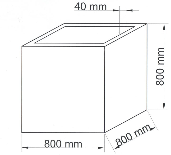 Maßzeichnung des quadratischen Pflanzkübels mit 800 mm Breite, Tiefe und Höhe sowie 40 mm Randbreite