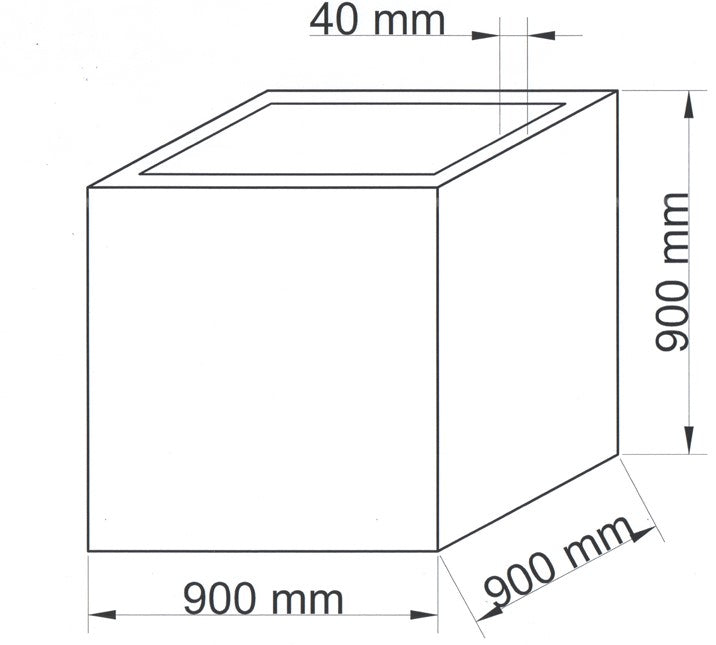 Maßzeichnung eines quadratischen Pflanzkübels aus Fiberglas mit 900 mm Breite, Tiefe und Höhe