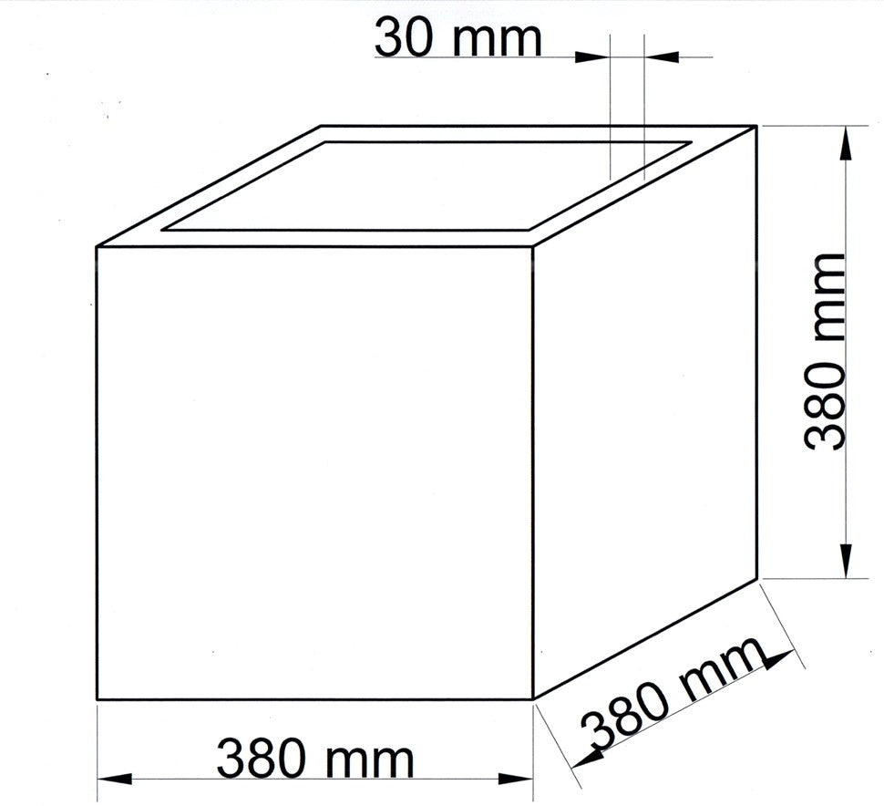 Maßzeichnung des quadratischen Pflanzkübels mit 380 mm Breite, Tiefe und Höhe sowie 30 mm breitem Rand
